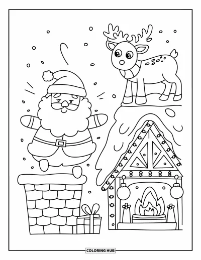 Coloriage de Noël pour adultes : Les pieds du Père Noël pendent d’une cheminée tandis qu’un renne penche la tête, perplexe