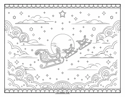 Coloriage de Noël pour adultes : Le traîneau du Père Noël traverse la pleine lune dans un ciel rempli de motifs cachés