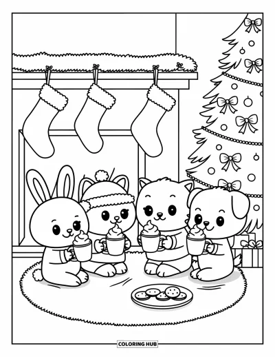 Coloriage de Noël pour adultes : De tendres amis animaux se détendent avec du cacao près du sapin la veille de Noël