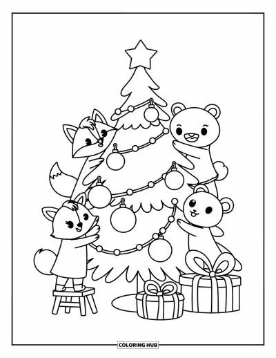 Coloriage de Noël pour adultes : Trois adorables animaux décorent joyeusement un sapin de Noël avec des boules brillantes et des nœuds