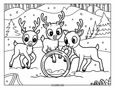 Coloriage de Noël pour adultes : Trois rennes joueurs sautent, équilibrent des cannes en sucre d’orge et s’amusent dans un champ enneigé