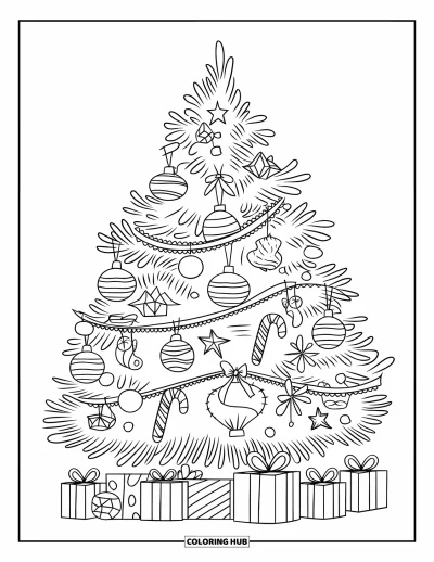 Coloriage de Noël pour enfants : Un sapin de Noël magnifiquement décoré, couvert de boules, d’étoiles et de cannes en sucre d’orge