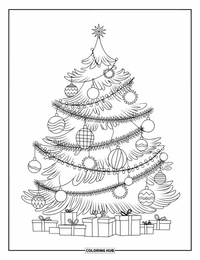 Coloriage de Noël pour enfants : Un arbre joliment décoré avec des lumières scintillantes et des cadeaux emballés en dessous