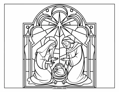 Coloriage de Noël pour enfants : Une scène de la Nativité magnifiquement dessinée avec des détails de vitrail ornés et une étoile guide