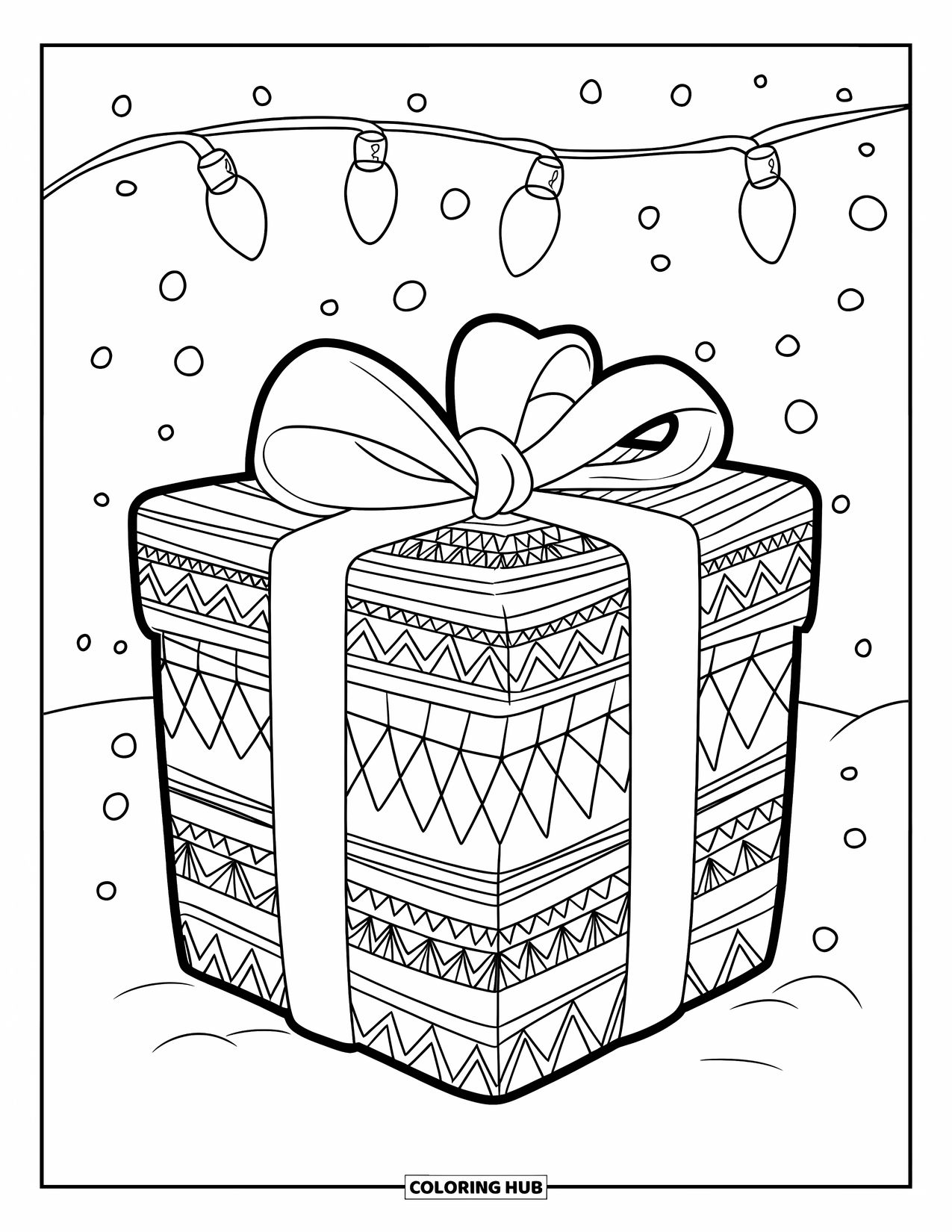 Weihnachts-Ausmalbild für Kinder: Ein wunderschön verpacktes Geschenk mit komplizierten Mustern und einem großen Band, das im Schnee liegt