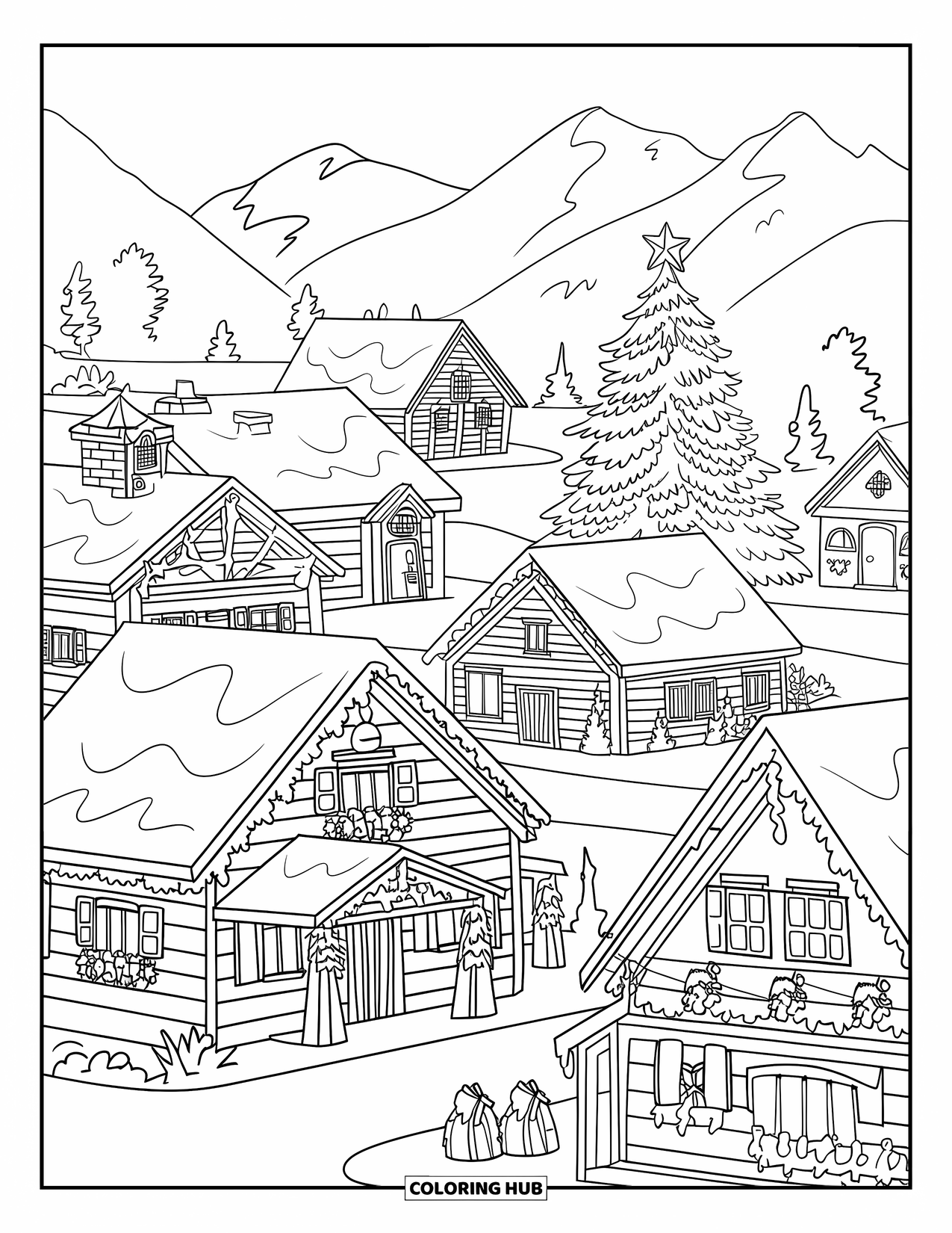 Weihnachts-Ausmalbild für Kinder: Ein charmantes Weihnachtsdorf mit schneebedeckten Häusern und einem geschmückten Baum auf dem Platz