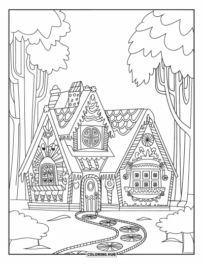 Coloriage de Noël pour enfants : Une charmante maison en pain d’épices couverte de glaçage, de bonbons et d’un chemin à la menthe
