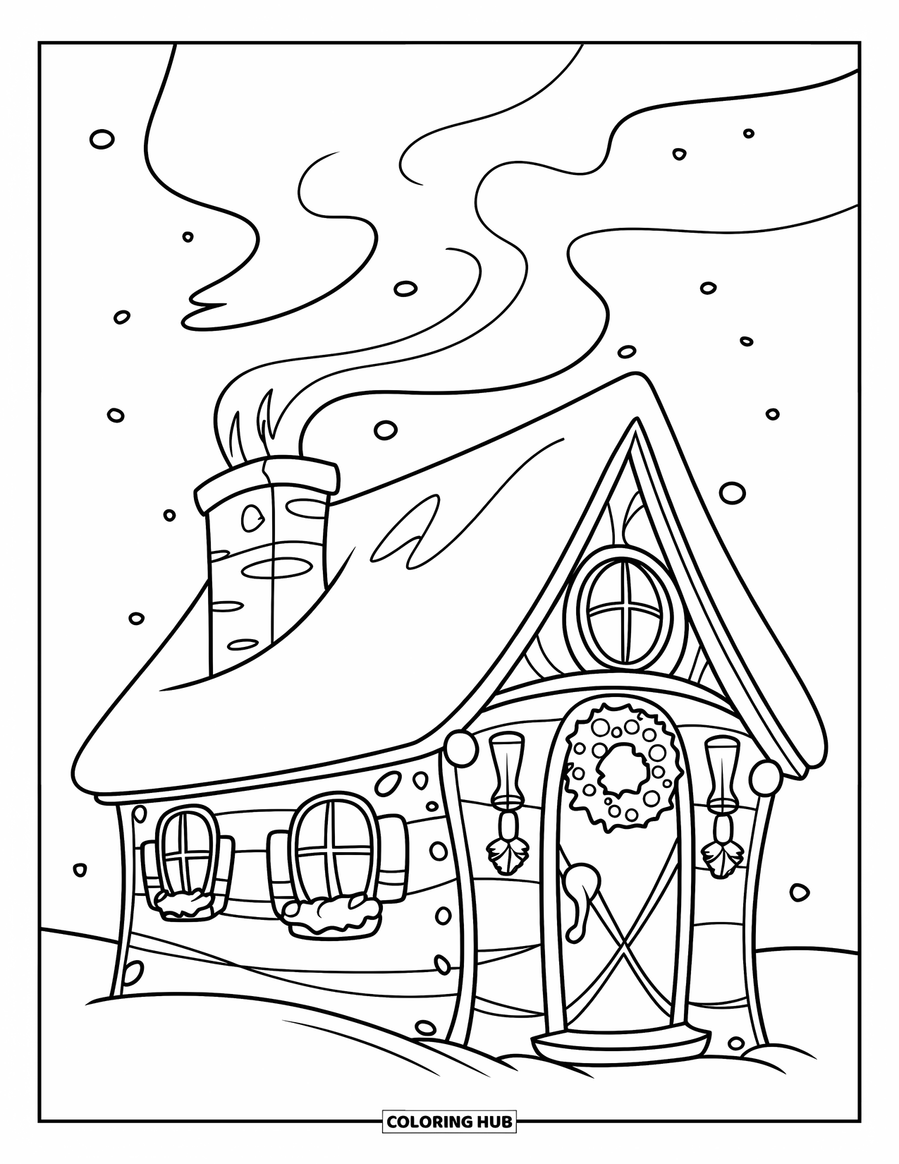 Weihnachts-Ausmalbild für Kinder: Eine bezaubernde, schneebedeckte Hütte mit warmem Schein, umgeben von einer friedlichen Winterlandschaft
