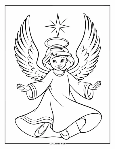 Coloriage de Noël pour enfants : Un ange souriant avec une robe fluide et une étoile brillante flotte sur un nuage