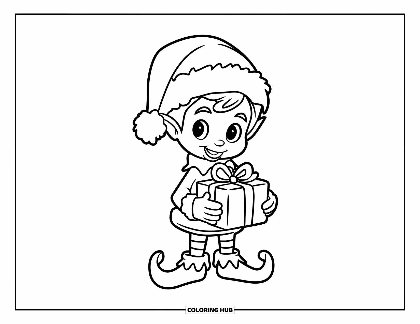 Weihnachts-Ausmalbild für Kinder: Ein fröhlicher Elf in festlicher Kleidung hält ein verpacktes Geschenk und ist bereit, Weihnachtsfreude zu verbreiten