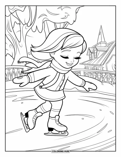 Coloriage de Noël pour enfants : Une fillette joyeuse glisse sur la glace, bien emmitouflée dans des vêtements d’hiver chauds