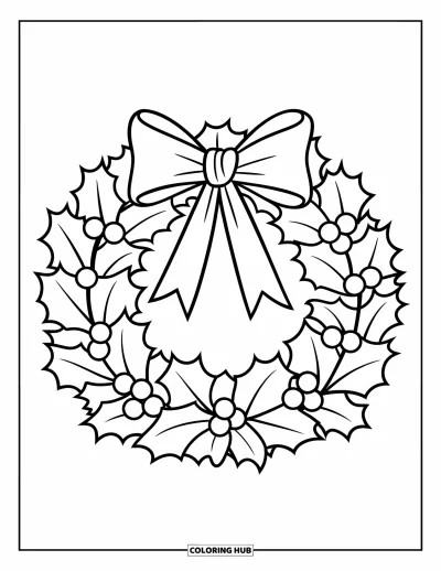 Coloriage de Noël pour enfants : Une couronne de Noël joyeuse avec des baies de houx et un nœud, prête à accueillir les invités