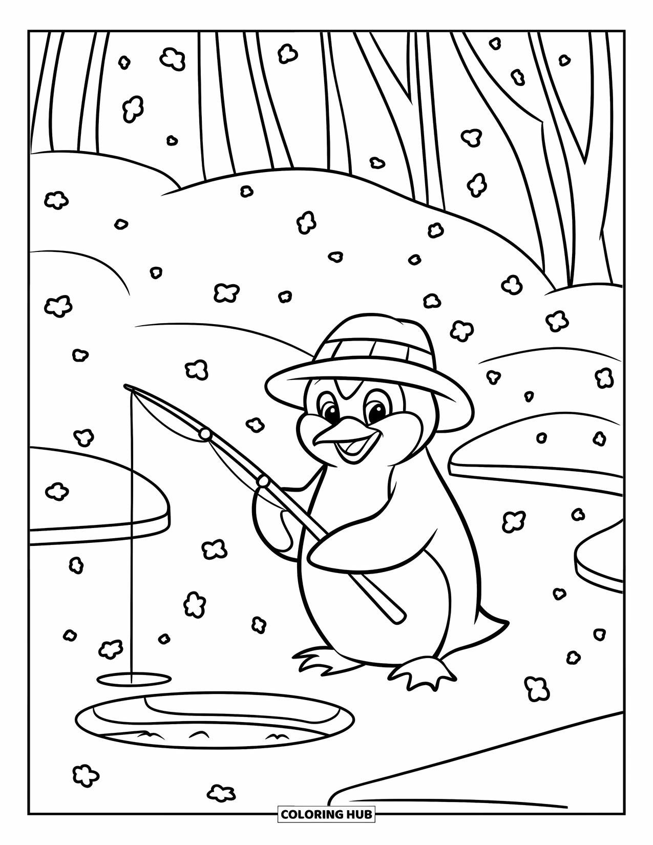 Weihnachts-Ausmalbild für Kinder: Ein fröhlicher Pinguin mit Mütze fischt geduldig auf einem zugefrorenen Teich, während Schnee fällt