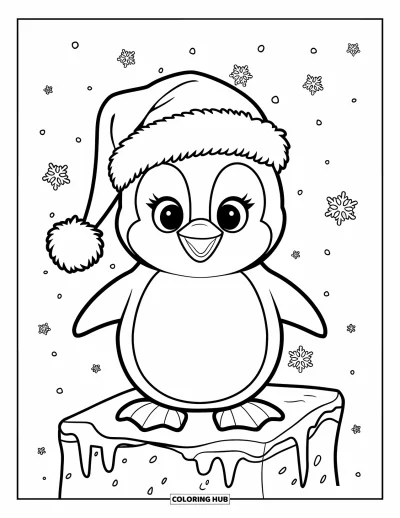 Coloriage de Noël pour enfants : Un pingouin joyeux en bonnet de Père Noël se tient sur une surface glacée pendant qu’il neige doucement