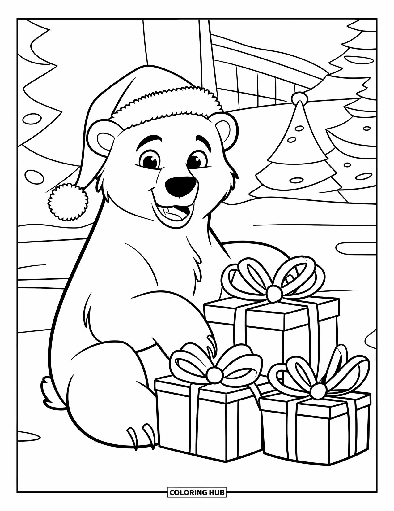 Weihnachts-Ausmalbild für Kinder: Ein fröhlicher Eisbär mit Geschenken, der im Schnee in der Nähe eines Weihnachtsbaums sitzt