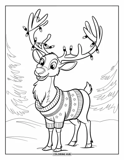Coloriage de Noël pour enfants : Un renne joyeux en pull de Noël se tient dans la neige sous des lumières scintillantes