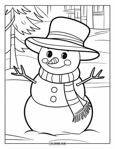 Coloriage de Noël pour enfants : Un bonhomme de neige souriant, emmitouflé dans une écharpe et un bonnet, se tient près d’un petit arbre enneigé