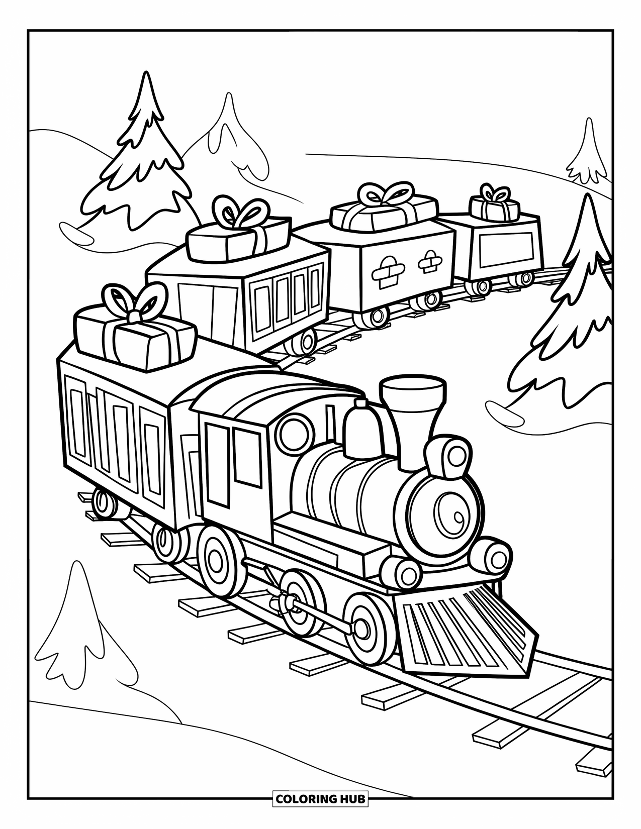 Weihnachts-Ausmalbild für Kinder: Eine fröhliche Spielzeugeisenbahn transportiert Geschenke durch eine schneebedeckte Landschaft, gesäumt von Kiefern