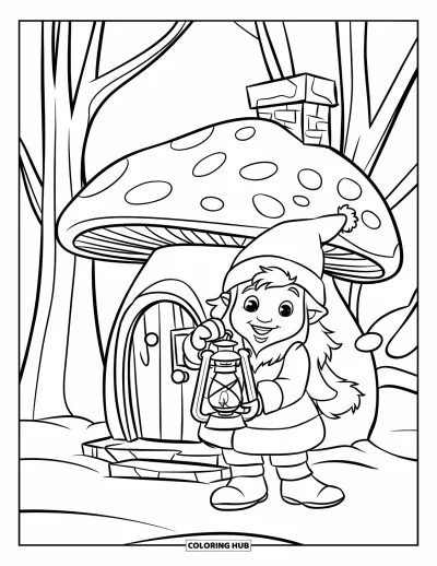 Coloriage de Noël pour enfants : Un joyeux lutin d’hiver tient une lanterne près d’une petite maison champignon dans la neige