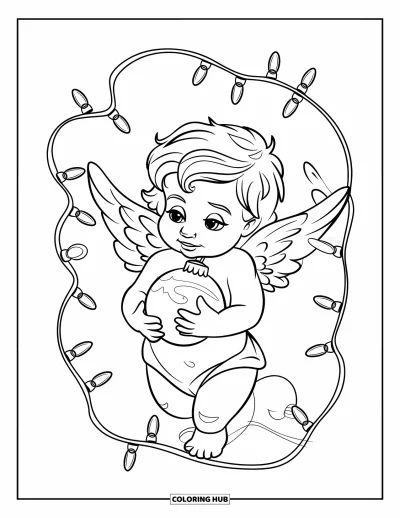 Coloriage de Noël pour enfants : Un chérubin berce doucement une boule lumineuse, entouré de lumières festives et de gui