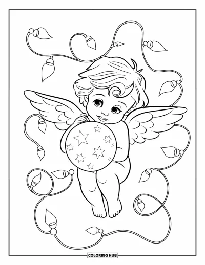 Coloriage de Noël pour enfants : Un chérubin avec une boule lumineuse est entouré de lumières de Noël scintillantes et de gui