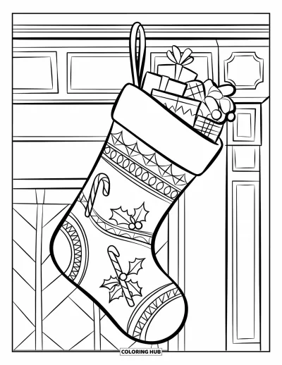 Coloriage de Noël pour enfants : Une chaussette de Noël suspendue à la cheminée, remplie de cadeaux, de cannes en sucre d’orge et de houx