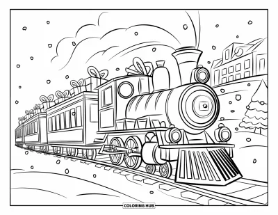 Coloriage de Noël pour enfants : Un train de Noël rempli de cadeaux avance sur une voie enneigée sous des flocons