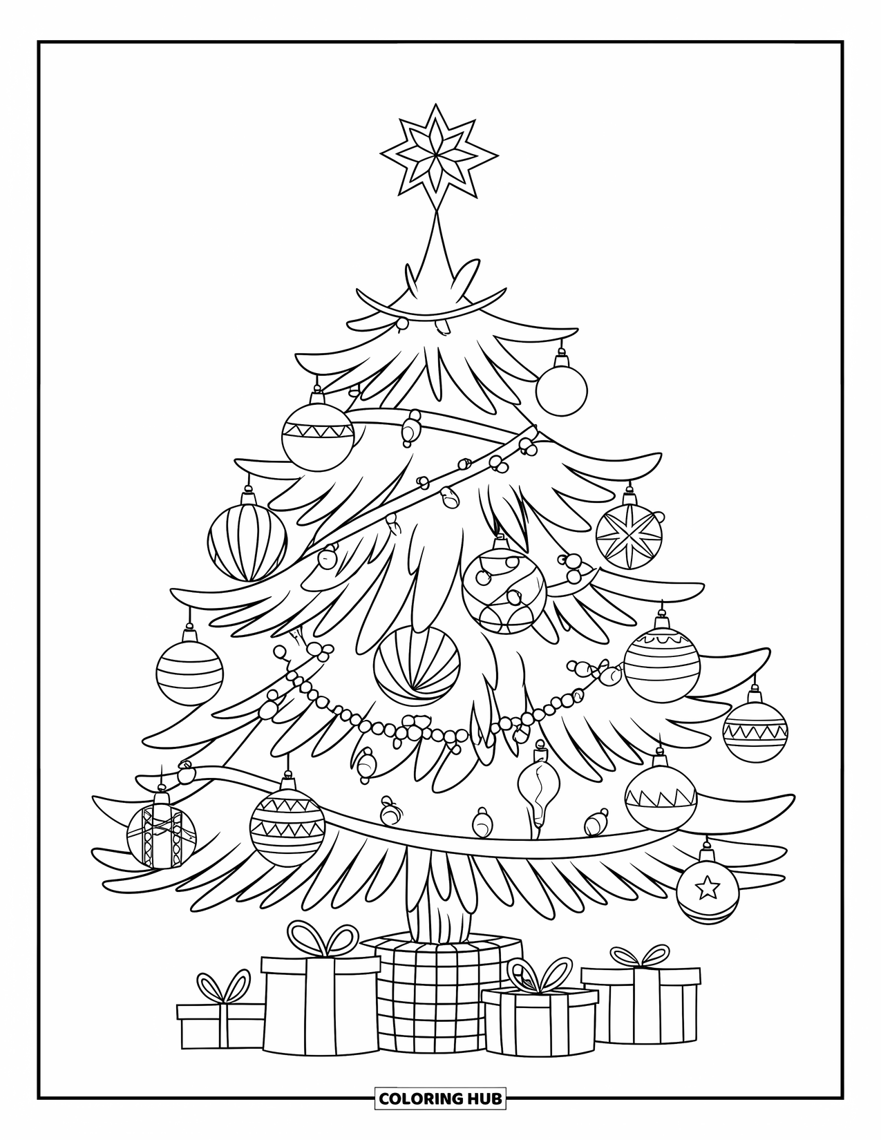 Weihnachts-Ausmalbild für Kinder: Ein Weihnachtsbaum mit zarten Ornamenten, funkelnden Lichtern und einem leuchtenden Stern auf der Spitze
