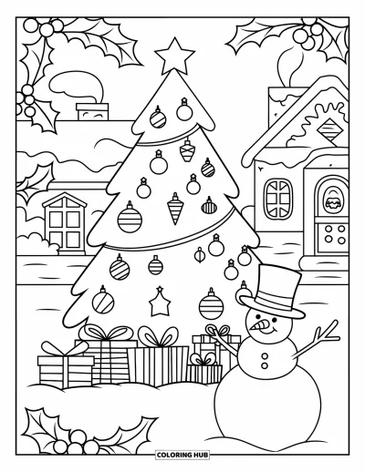 Coloriage de Noël pour enfants : Un sapin de Noël avec ornements et cadeaux, accompagné d’un bonhomme de neige et d’une maison accueillante