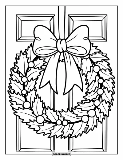Coloriage de Noël pour enfants : Une couronne de Noël classique avec un grand nœud et des baies de houx, suspendue à une porte