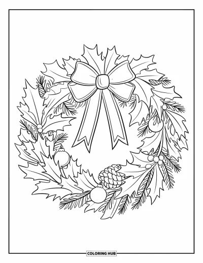 Coloriage de Noël pour enfants : Une couronne de Noël classique avec du houx, des pommes de pin, du gui et des ornements suspendus