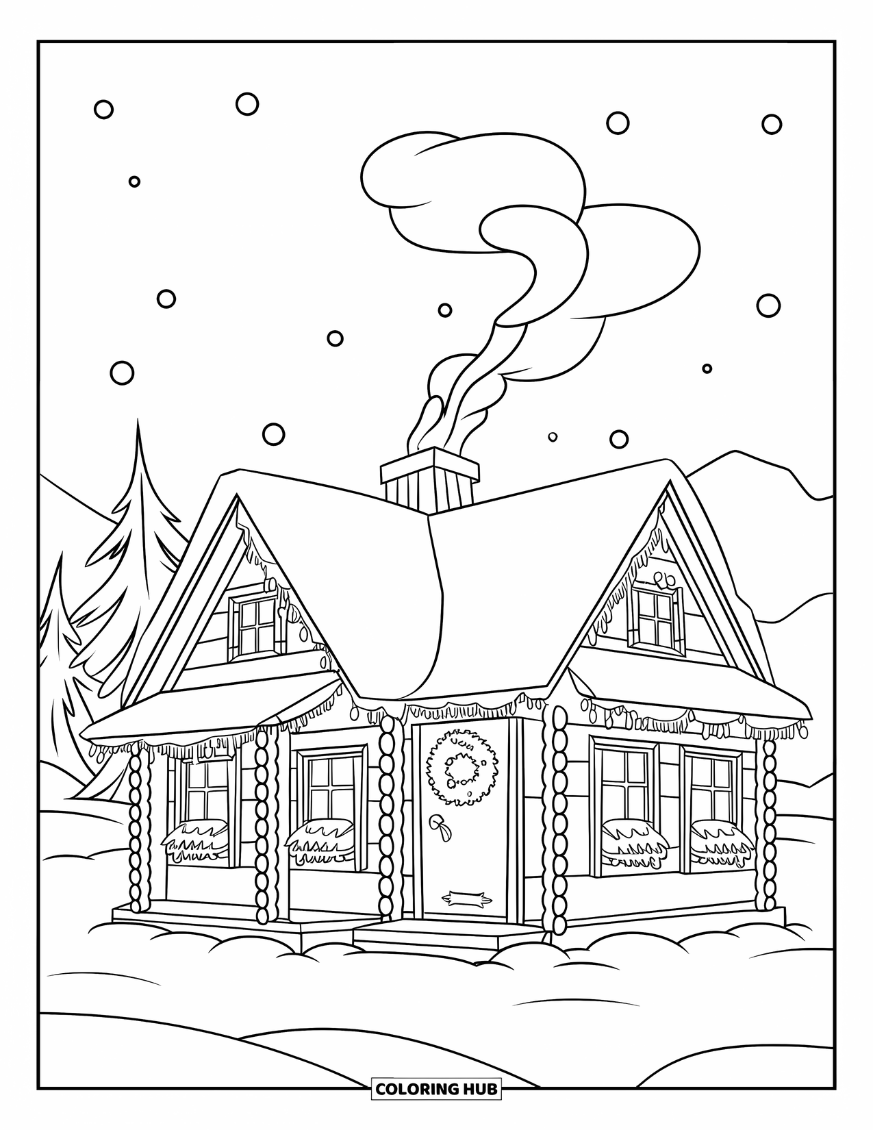 Weihnachts-Ausmalbild für Kinder: Eine gemütliche Hütte in einem verschneiten Wald, mit einem einladenden Kranz und Rauch, der aus dem Schornstein aufsteigt