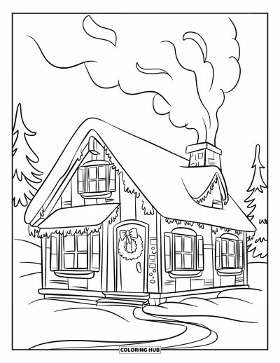 Coloriage de Noël pour enfants : Un chalet douillet aux fenêtres lumineuses, avec une couronne sur la porte et de la fumée sortant de la cheminée