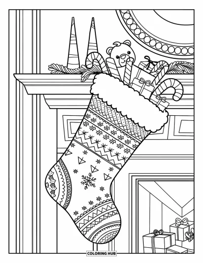 Coloriage de Noël pour enfants : Une chaussette de Noël chaleureuse remplie de cadeaux, suspendue à une cheminée décorée