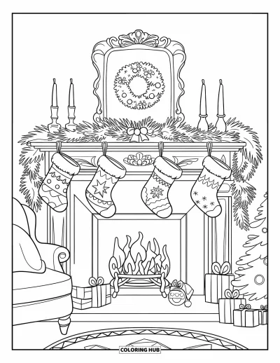 Coloriage de Noël pour enfants : Une cheminée douillette avec des chaussettes, des bougies et une couronne, dans un salon confortable
