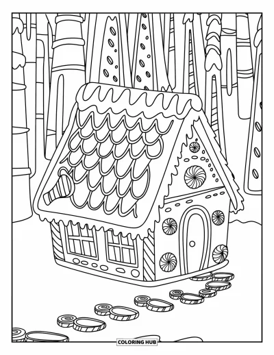 Coloriage de Noël pour enfants : Une maison en pain d’épices accueillante entourée de gommes colorées, de cannes en sucre d’orge et de motifs de glaçage