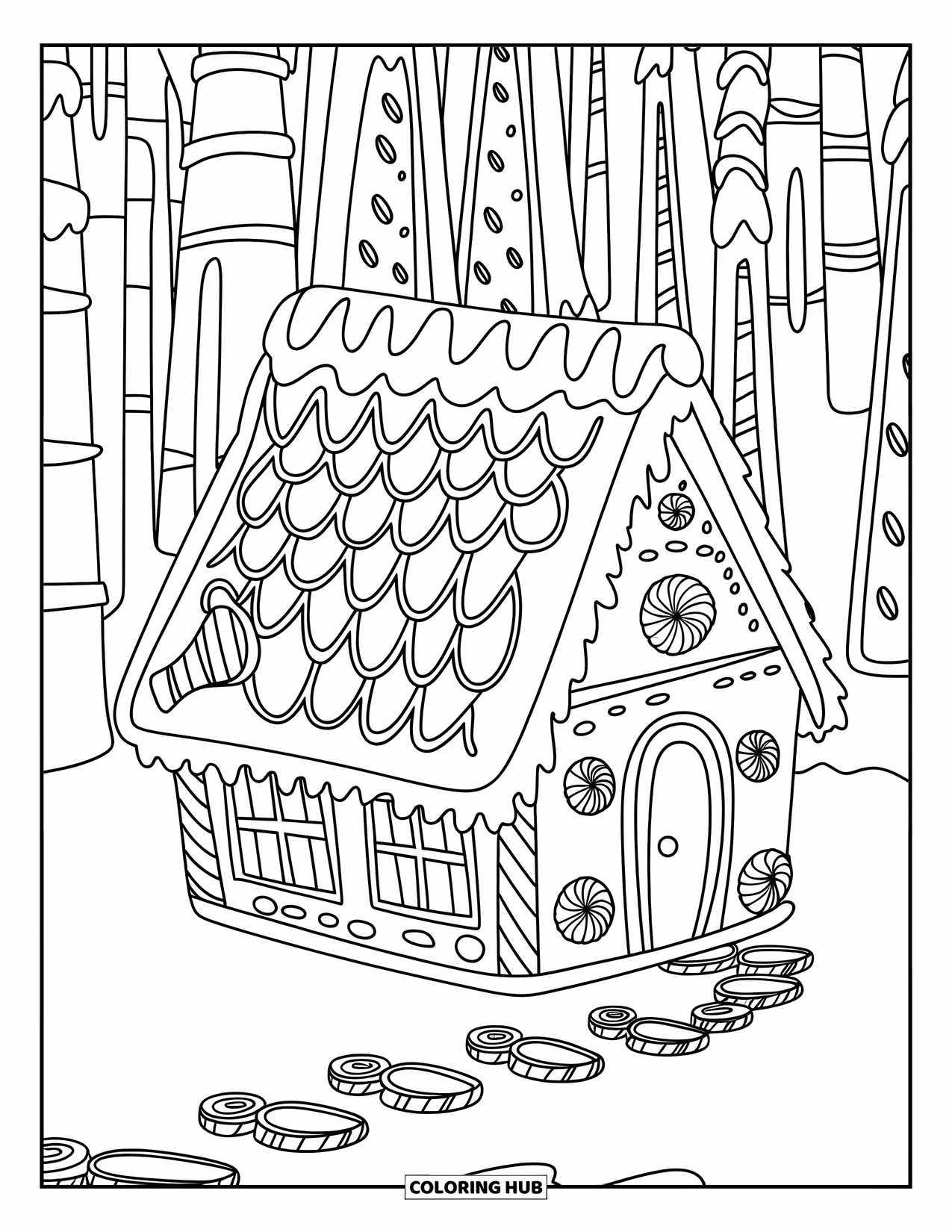 Weihnachts-Ausmalbild für Kinder: Ein gemütliches Lebkuchenhaus, umgeben von Gummibärchen, Zuckerstangen und Zuckergussmustern