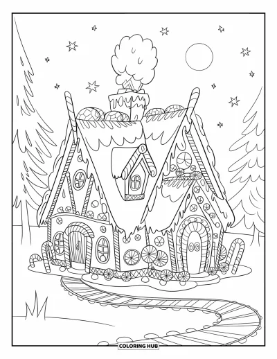 Coloriage de Noël pour enfants : Une maison en pain d’épices douillette avec un chemin en cannes en sucre d’orge, entourée d’arbres enneigés
