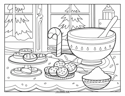 Coloriage de Noël pour enfants : Une scène de cuisine réconfortante avec des biscuits, des cannes en sucre d’orge et un grand saladier sur le plan de travail