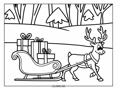 Coloriage de Noël pour enfants : Un traîneau accueillant chargé de cadeaux traverse la neige avec une équipe de rennes