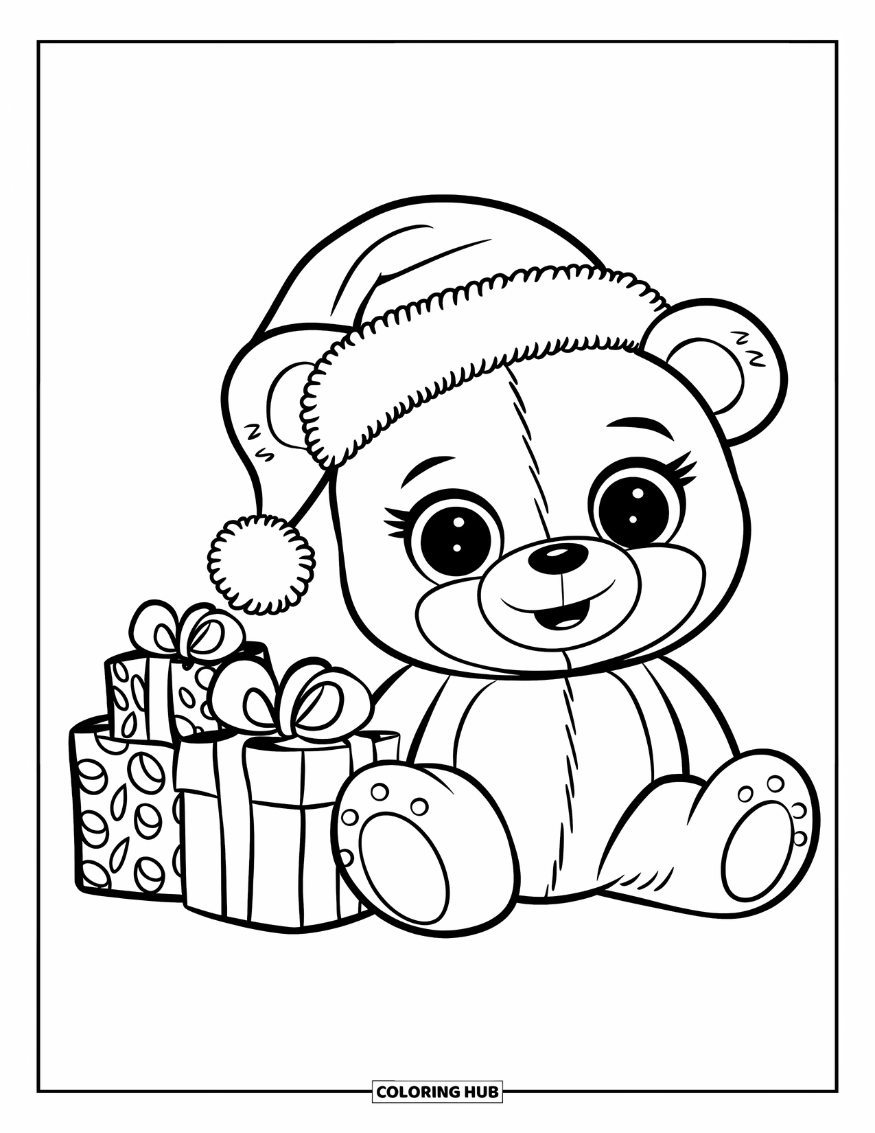 Weihnachts-Ausmalbild für Kinder: Ein kuscheliger Teddybär mit Weihnachtsmannmütze sitzt neben ordentlich verpackten Geschenken