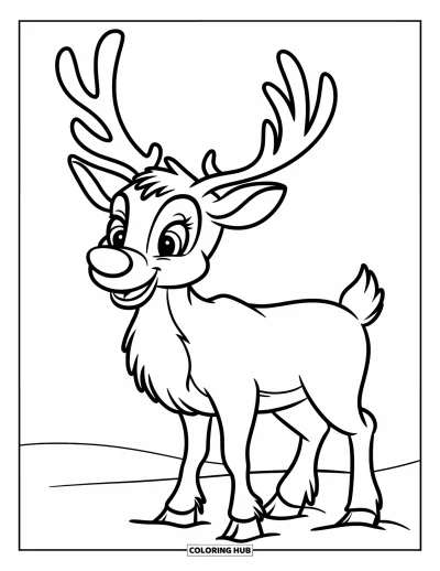 Coloriage de Noël pour enfants : Un renne adorable au grand nez et aux formes simples se tient dans un champ enneigé