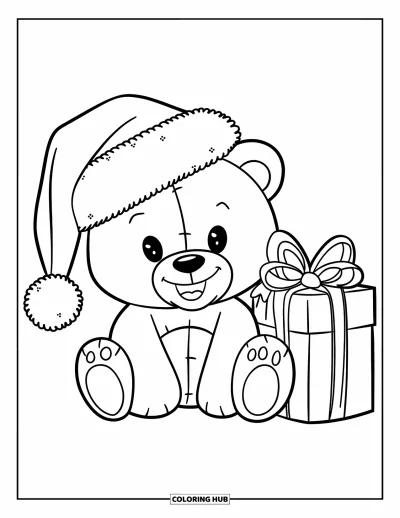 Coloriage de Noël pour enfants : Un adorable ours en peluche avec un bonnet de Père Noël est assis près d’une pile de cadeaux emballés