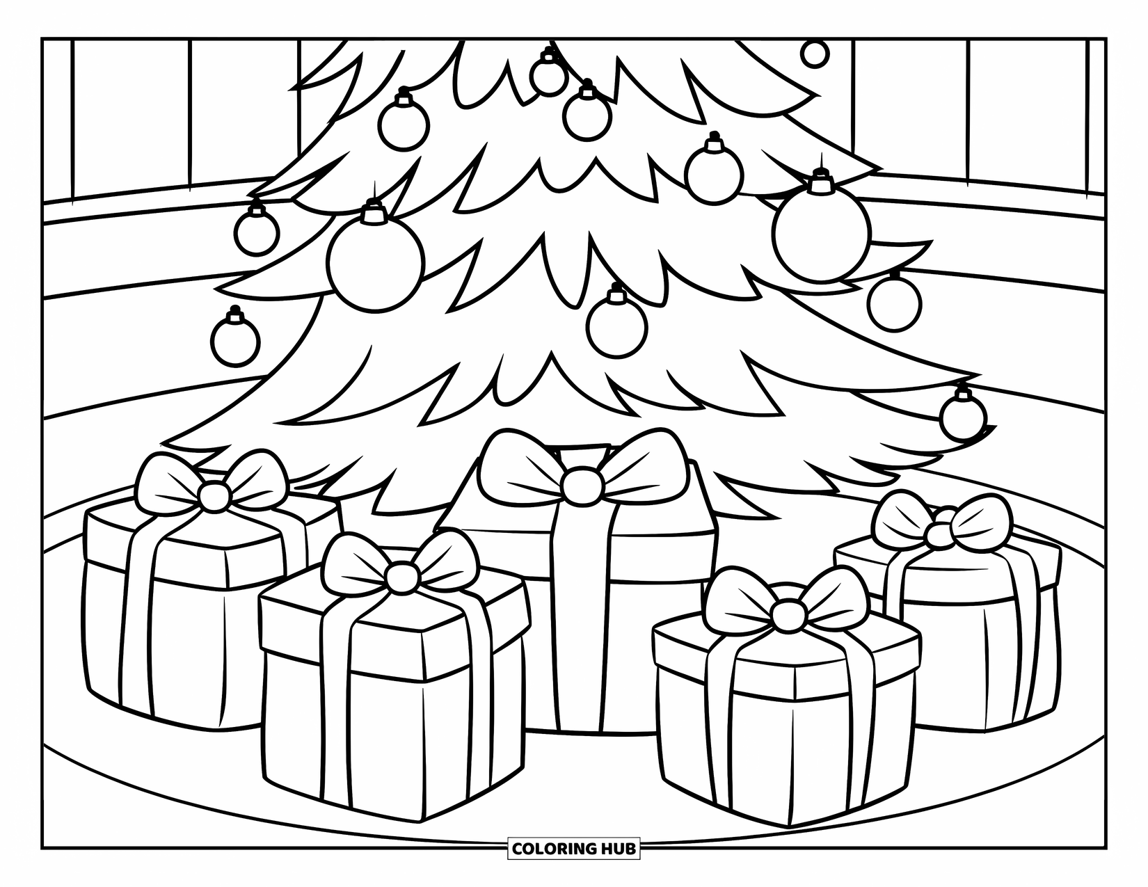Weihnachts-Ausmalbild für Kinder: Ein geschmückter Weihnachtsbaum mit glänzenden Ornamenten und einem Stapel Geschenkboxen darunter
