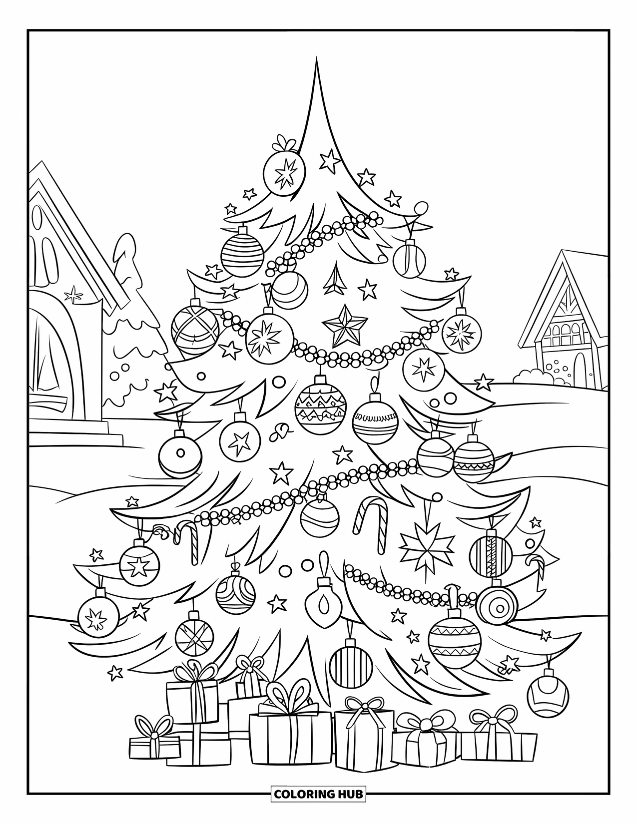 Weihnachts-Ausmalbild für Kinder: Ein geschmückter Baum steht im Schnee, umgeben von funkelnden Lichtern und winzigen Häusern
