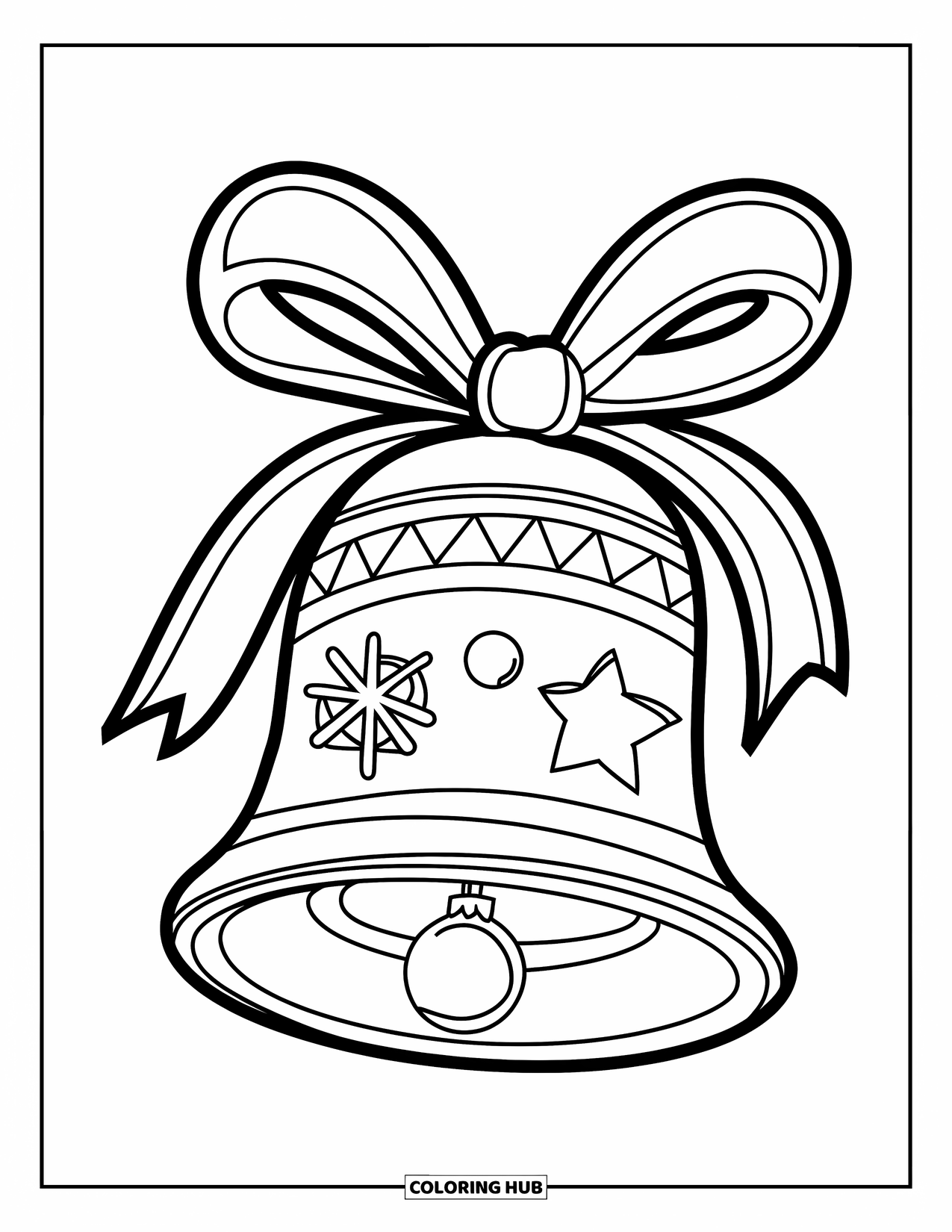 Weihnachts-Ausmalbild für Kinder: Eine dekorative Glocke mit Band-, Stern- und Schneeflockendetails, perfekt für Weihnachtsstimmung