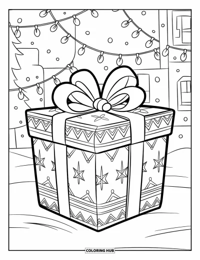 Coloriage de Noël pour enfants : Un cadeau décoratif de fête avec des motifs élégants et un ruban, posé dans un décor enneigé