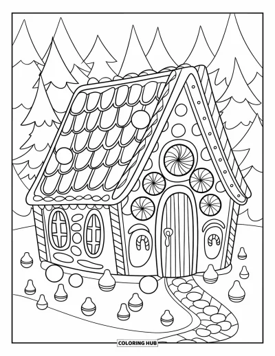 Coloriage de Noël pour enfants : Une ravissante maison en pain d’épices couverte de glaçage, de gommes colorées et de décorations en bonbons