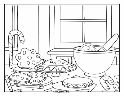 Coloriage de Noël pour enfants : Une scène de boulangerie festive remplie de biscuits, de cannes en sucre d’orge et d’un grand saladier