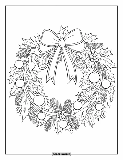 Coloriage de Noël pour enfants : Une couronne de Noël festive avec houx, pommes de pin, gui et grand nœud ruban